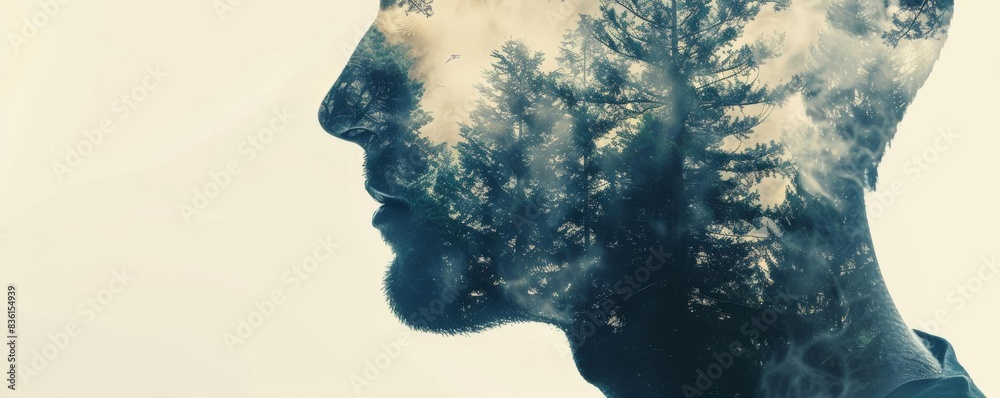 Man s profile merged with a tranquil forest scene, double exposure effect, isolated on white, highlighting harmony with nature, copy space Man s profile merged with a tranquil forest scene, double exposure effect, isolated on white, highlighting harmony with nature, copy space