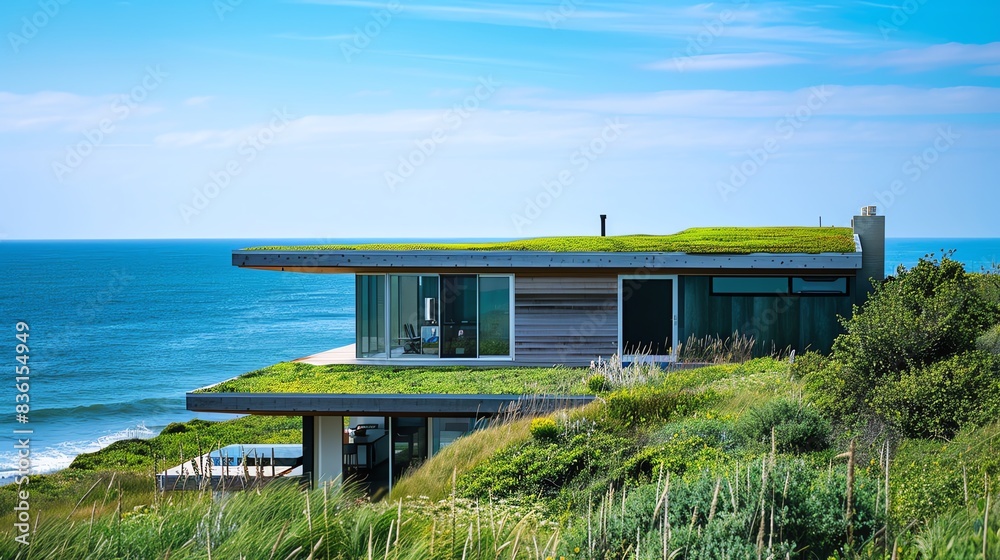 Modern house with green roof overlooking the ocean. Modern house with green roof overlooking the ocean.