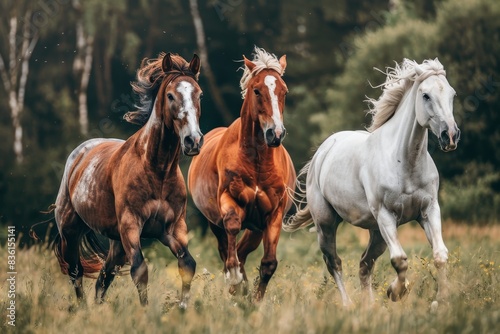 Dynamic action photography of three horses running in a field with freedom and wildlife concept