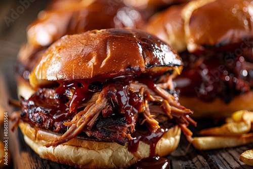 Close up of a pulled pork sandwich