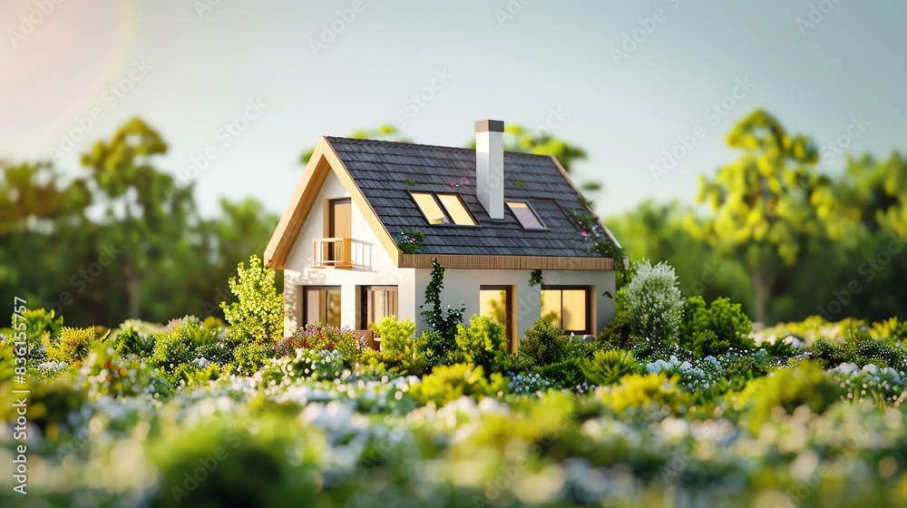 Small house with a green roof in a field of flowers. Small house with a green roof in a field of flowers.