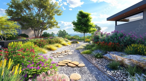 Ecofriendly home design with sustainable landscaping, focus on droughttolerant plants, reduced water usage, vibrant, composite, urban sustainable garden backdrop
