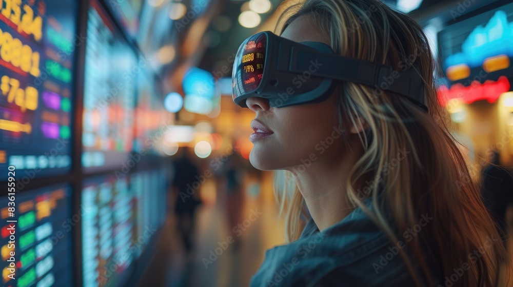 A young woman wearing a VR headset looks at a large screen displaying stock market data. A young woman wearing a VR headset looks at a large screen displaying stock market data.