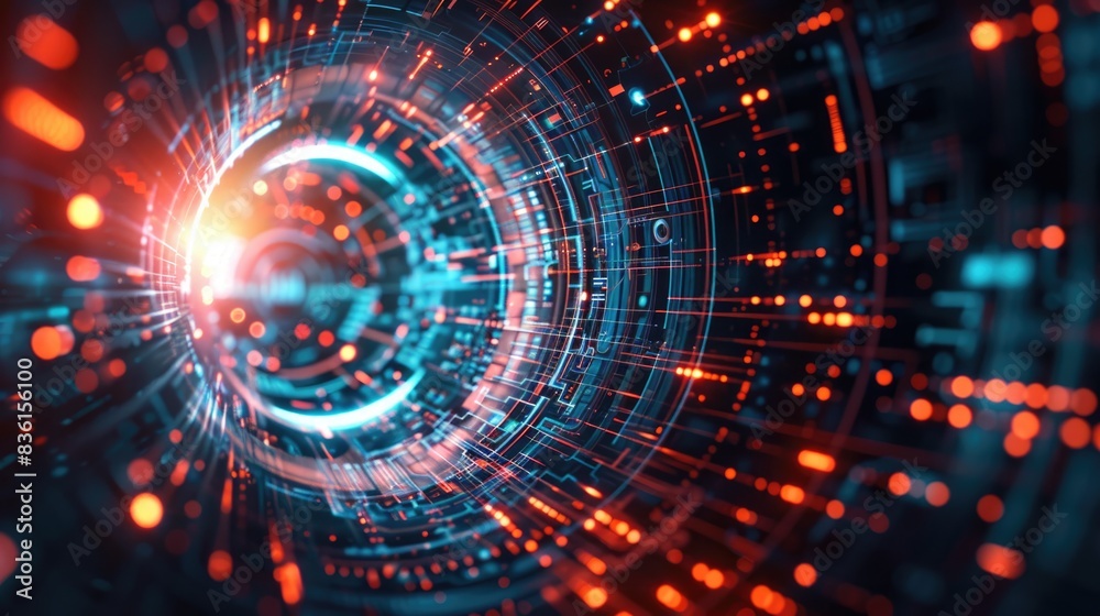 A glowing blue and orange digital tunnel. A glowing blue and orange digital tunnel.