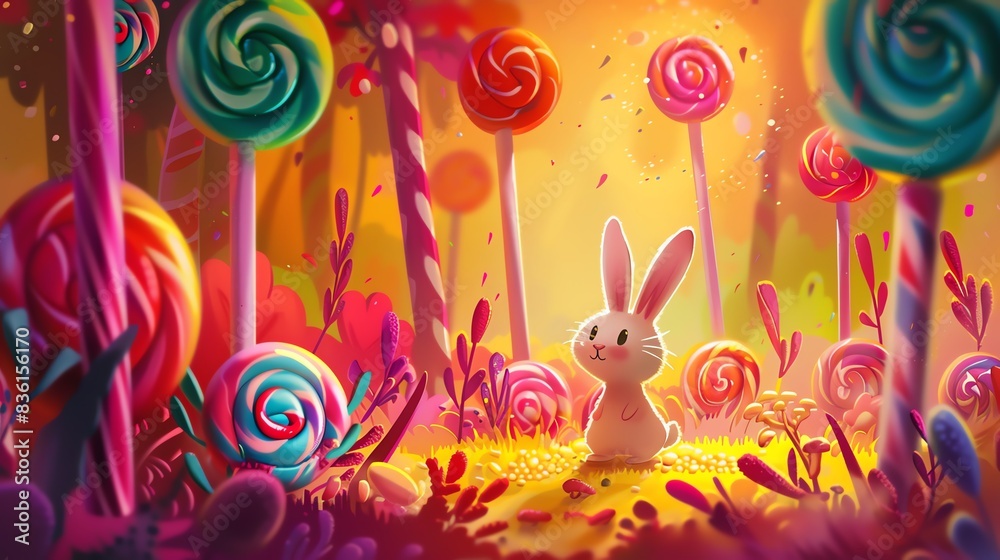 Whimsical digital painting of a rabbit in a candy land Whimsical digital painting of a rabbit in a candy land