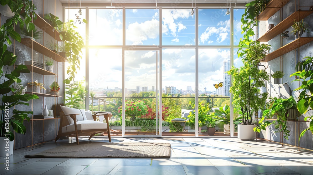 Modern living room with large windows, plants and a comfortable armchair. Modern living room with large windows, plants and a comfortable armchair.