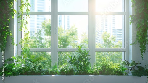 Sunlight streams through a window with green plants  creating a bright and airy ambiance.