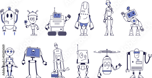 A set of different cartoon robots. Vector characters in the same style.