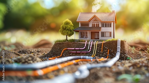 A model house with underground pipes symbolizing infrastructure and utilities.