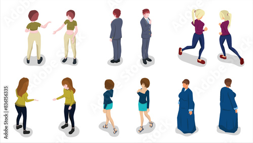 isometric set of woman and man people