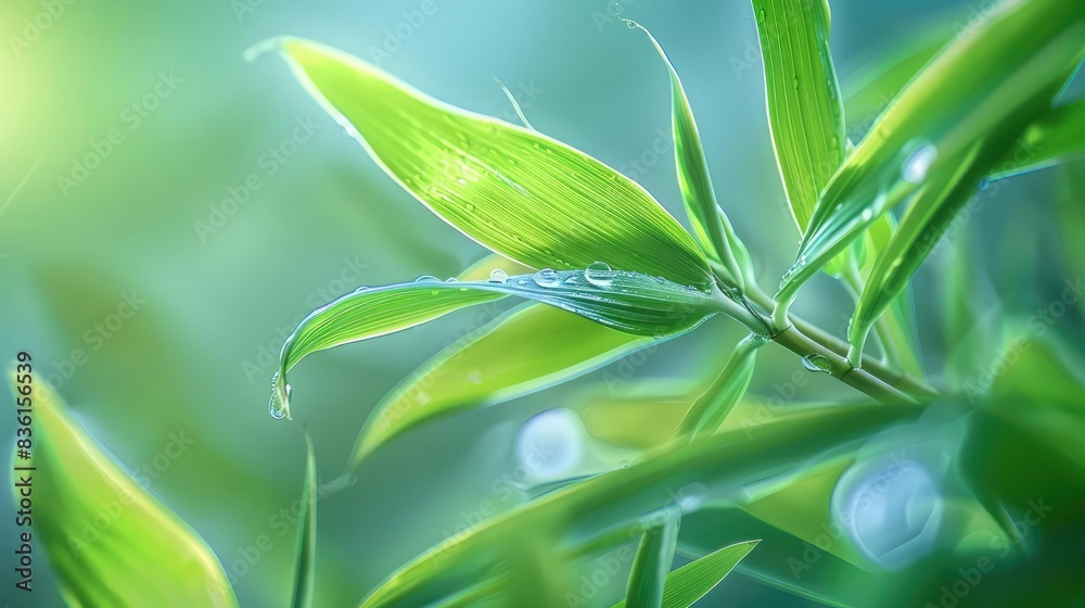 Beautiful close-up of fresh green bamboo leaves with morning dew, capturing the essence of nature and tranquility in a serene setting. Beautiful close-up of fresh green bamboo leaves with morning dew, capturing the essence of nature and tranquility in a serene setting.