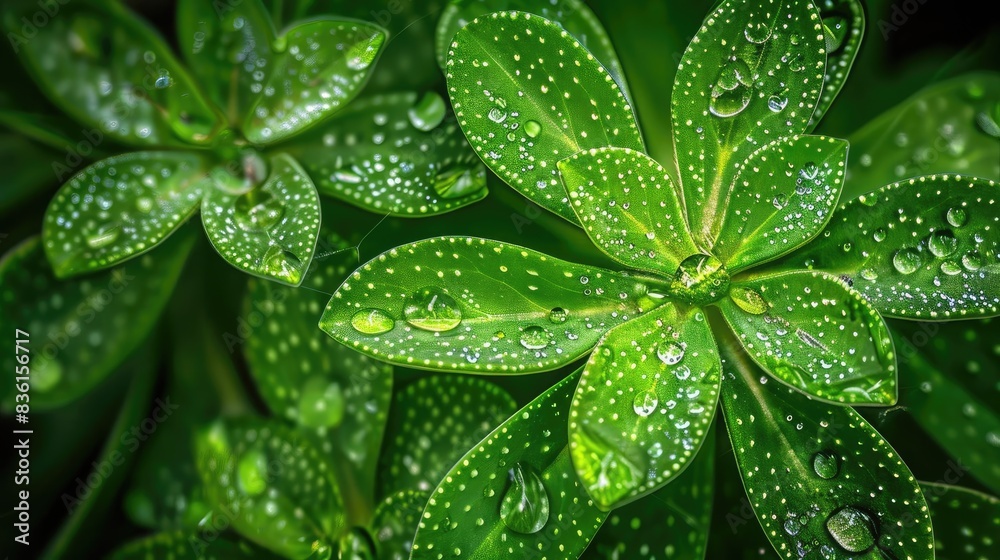 Close-up of vibrant green leaves with water droplets, creating a fresh and natural look, perfect for nature and botanical themes. Close-up of vibrant green leaves with water droplets, creating a fresh and natural look, perfect for nature and botanical themes.