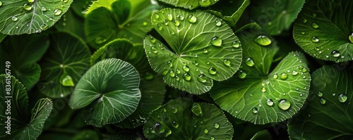 Close-up of lush green leaves with water droplets, capturing the beauty of nature in detail.