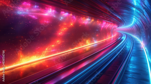a cosmic tunnel with glowing particles and a bright light at the end.
