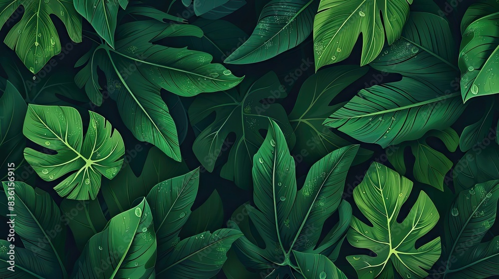 A lush collection of vibrant green tropical leaves with intricate textures and water droplets, perfect for nature-themed projects. A lush collection of vibrant green tropical leaves with intricate textures and water droplets, perfect for nature-themed projects.
