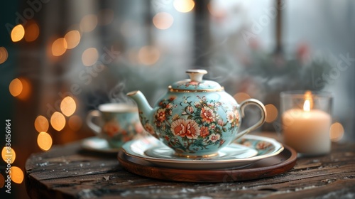 The teapot and teacup are decorated with a floral pattern and the table is covered in snow. 