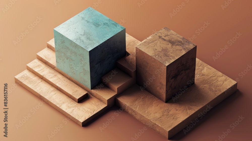 3D rendering of two cubes on a brown background.