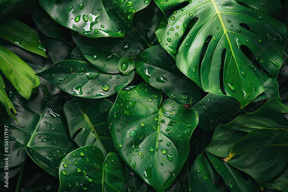 Fototapeta premium Close-up of lush green tropical leaves with water droplets, creating a fresh and vibrant nature background.