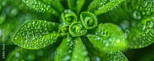 Close-up of green plant leaves covered with fresh morning dew drops, highlighting the beauty of nature and the intricacy of leaf details.