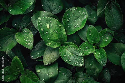 Lush green leaves with water droplets create a refreshing and natural atmosphere in this close-up nature photograph.