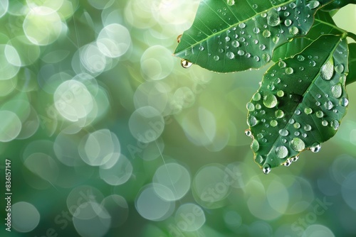Close-up of green leaves with water droplets on blurred natural bokeh background, perfect for nature and freshness concepts.
