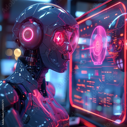 A robot personal assistant making a holographic call for a business executive in a high-tech office. Digital art, neon colors, high detail.