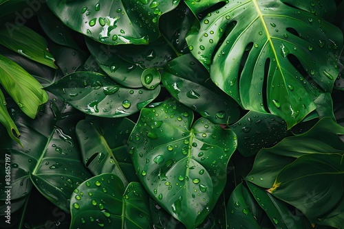 Close-up of lush green tropical leaves with water droplets, creating a fresh and vibrant nature background.