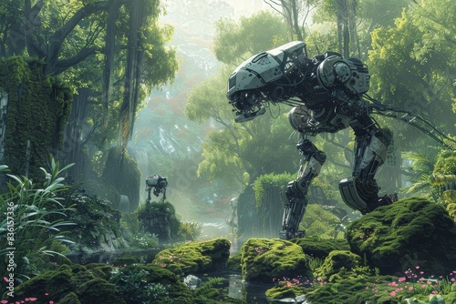 A cybernetic jungle where robotic animals coexist with organic life forms generated by AI