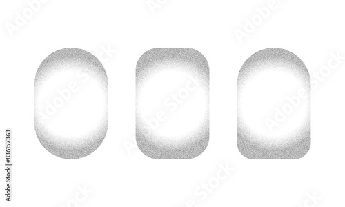 Set of vector white speech bubbles on a white background. Black and white gradient-striped texture. Round shape with 3 dotted noise patterns, vector illustration