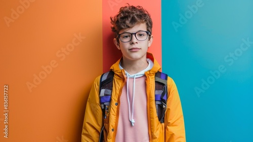 European teenage boy posing confidently on a vibrant color background.