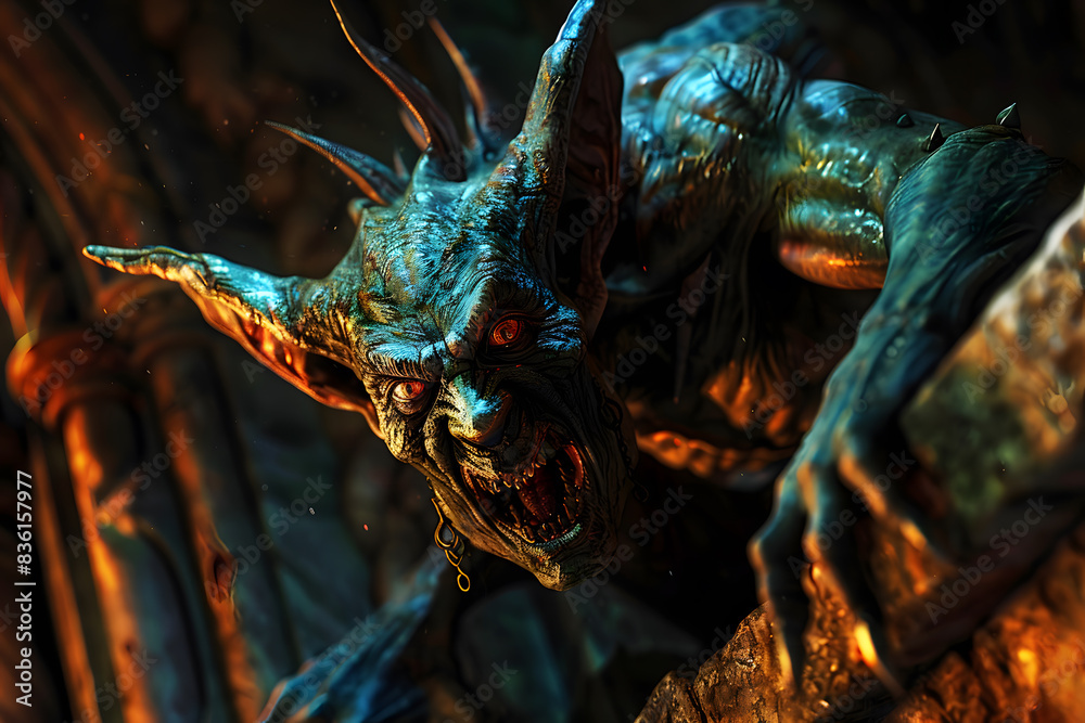 A grotesque demon emerging from the darkness of an ancient cell, ready to battle