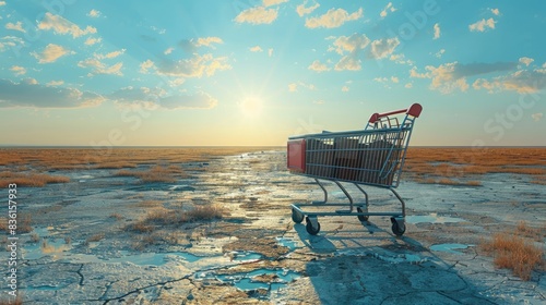 A shopping cart sits abandoned in the middle of a vast desert. 