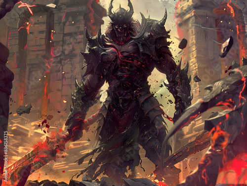 A hellish demon fighter with a menacing grin, standing amidst the ruins of a shattered cell
