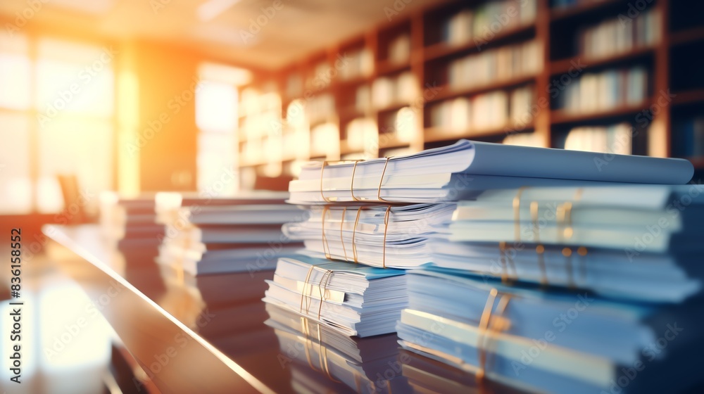 Stack of documents in a library with sunlight. Stack of documents in a library with sunlight.