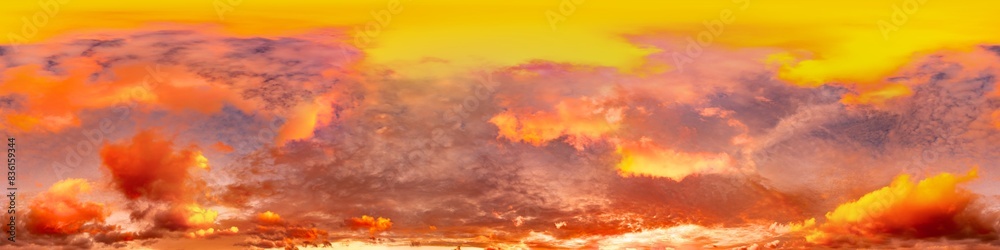 Obraz premium Golden glowing red orange overcast sunset sky 360 hdr panorama. Seamless spherical equirectangular panorama. Sky dome or zenith for 3D visualization and sky replacement for aerial drone 360 panoramas.