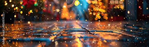 Nighttime Reflections: Defocused Christmas Market with Wet Paving Stones, Bokeh Lights, and Rainy Ambience photo