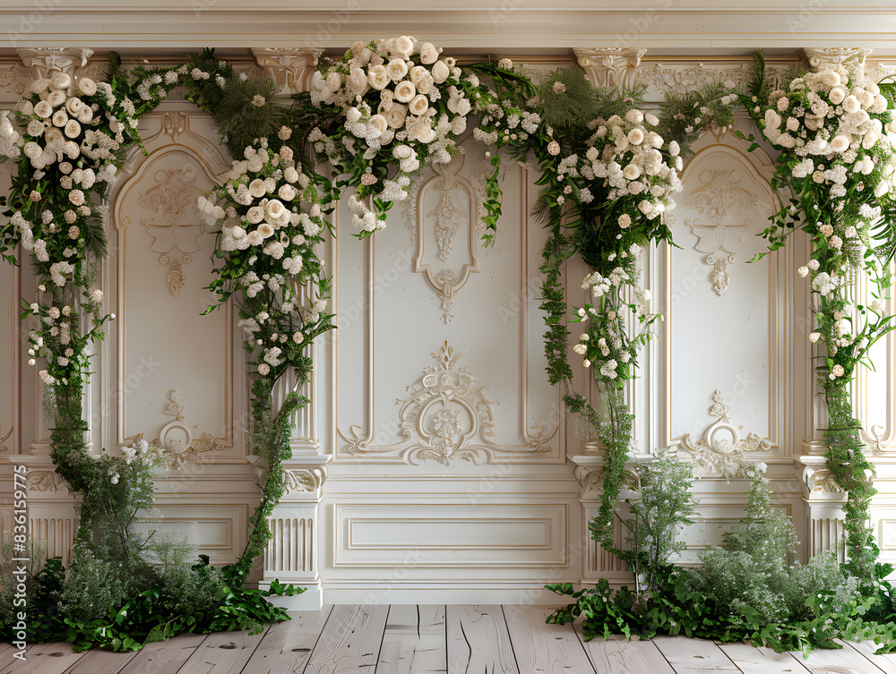 elegant and luxurious interior space. The walls are covered with intricate white flower patterns and large floral arrangements elegant and luxurious interior space. The walls are covered with intricate white flower patterns and large floral arrangements
