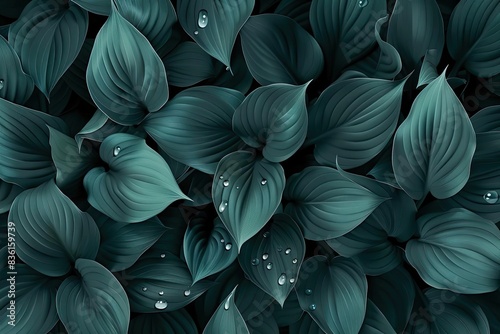 Moody dark green leaves with water droplets. Perfect for nature and botanical themes, adding elegance and serenity to any design.