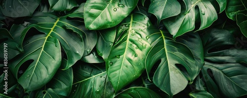 Close-up of lush green tropical leaves with water droplets, showcasing nature's beauty, freshness, and vibrant foliage. Ideal for backgrounds.