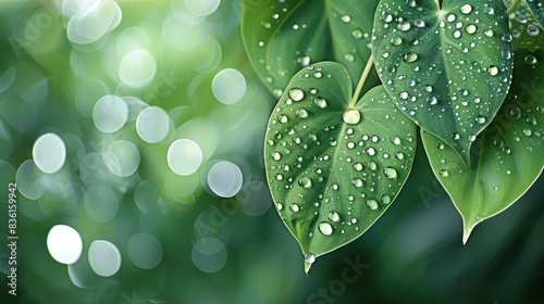 Close-up of green leaves with water droplets, depicting fresh nature, ideal for backgrounds, nature, and environmental concepts.