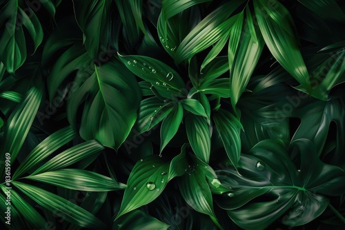 Lush green tropical leaves with water droplets creating a vibrant natural background, ideal for nature and botanical themes.