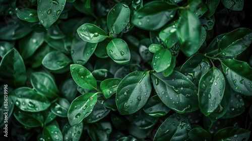 Close-up of green leaves covered with fresh raindrops. Beautiful nature background. Lush foliage, vibrant and healthy after rain.