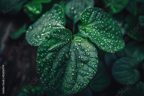 Close-up of vibrant green plant leaves covered with glistening water droplets, creating a fresh and natural botanical scene.