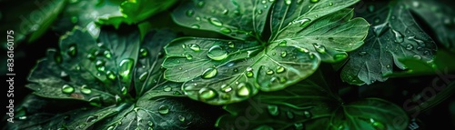Close-up image of lush dark green leaves with fresh water droplets, highlighting nature's refreshing beauty and vibrant foliage.