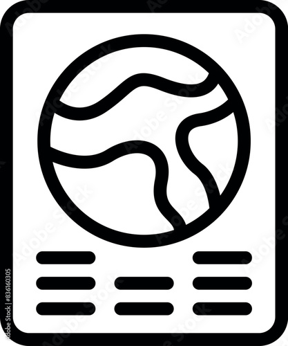Simplified black and white icon showing a passport with a stylized globe, suitable for travel concepts