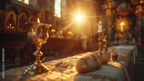 Communion: Holy Grail with Unleavened Bread and Chalice of Wine - Last Supper with Corpus Christi of Light photo