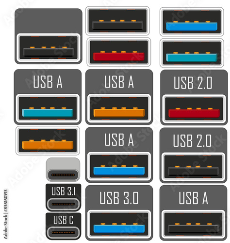 USB 3.0 2.0 (USB A) and USB 3.1 (USB C) slot icon Vector illustration