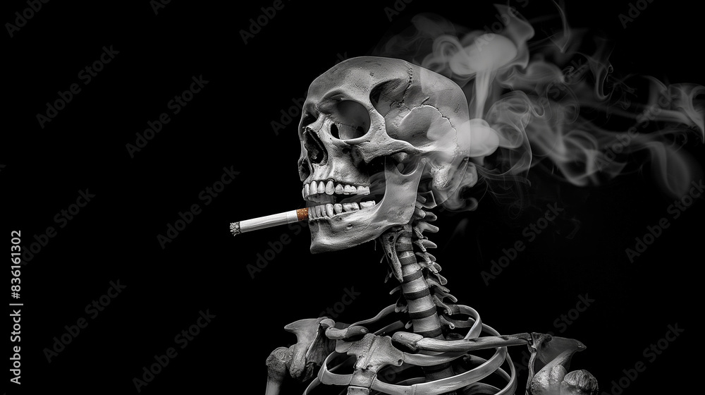 Smoking Kills Concept: Human Skeleton Constructed of Steaming Cigarettes, Ironic Skull with Glowing Cigarette, Realistic Portrait Photo