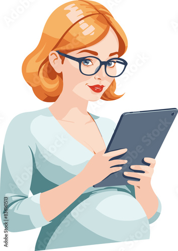 Pregnant woman wears glasses smiling and holding tablet, preparing for the birth, infographic, stages of pregnancy, relaxing, entertainment, birth plan, health, life, family, lifestyle, discrimination