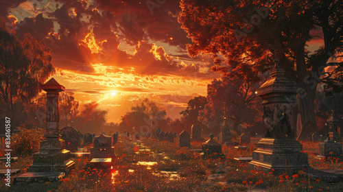 Stunning sunset view in a serene cemetery, with radiant orange and red hues illuminating the tombstones and trees.